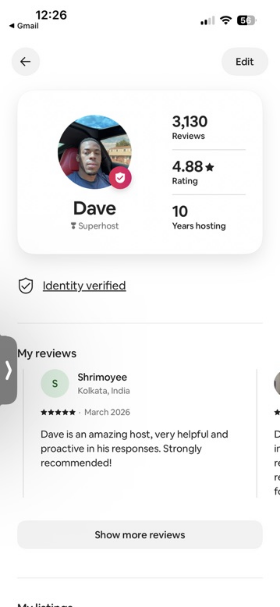 David's Airbnb host profile — 3,130 reviews, 4.88 stars, Superhost, 10 years hosting